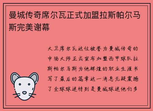 曼城传奇席尔瓦正式加盟拉斯帕尔马斯完美谢幕