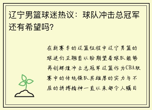 辽宁男篮球迷热议：球队冲击总冠军还有希望吗？